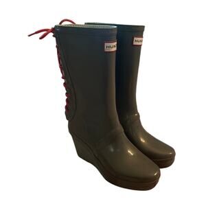 Women US-6M Hunter Verbier Lace-Up Platform Wedge Heeled Rain Boots Rainboots